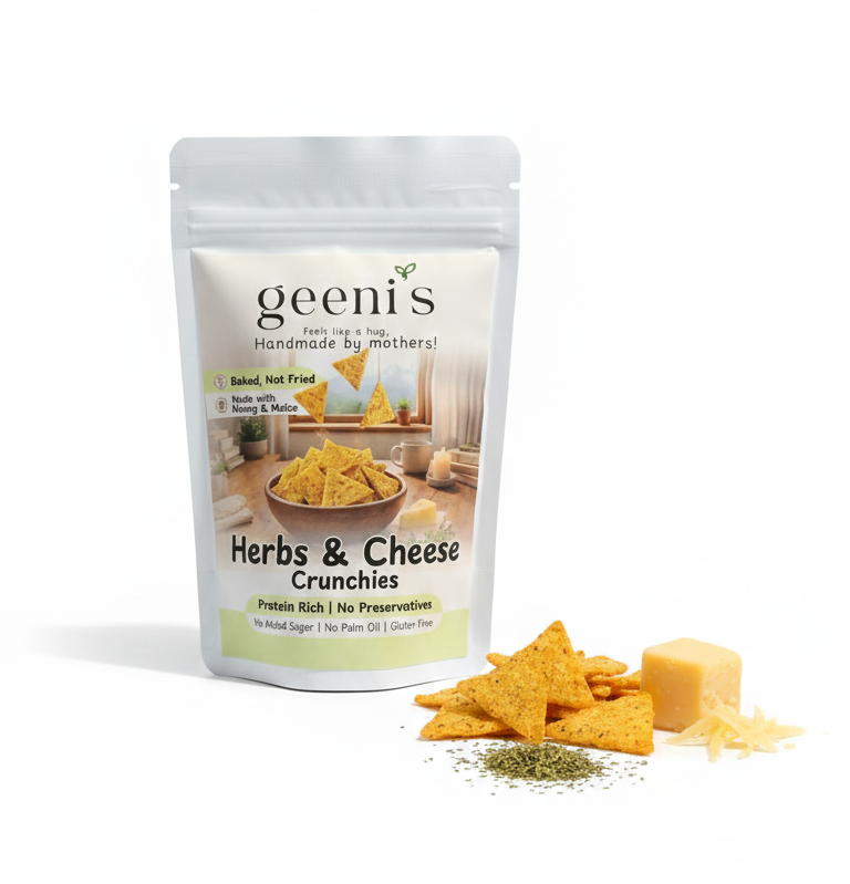 Herbs & Cheese Crunchies | Baked (Not Fried), Made With Moong & Maize- Rich Protein - Gluten Free, No Added Sugar, No Palm Oil, No Maida, No Preservatives, Additives & No Added Artificial Ingredients - Geenis - 50gm