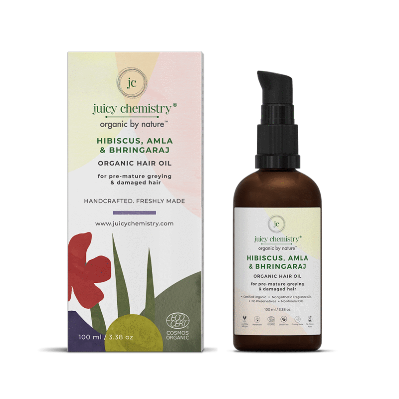 Hair Oil for Premature Greying Fortified with Hibiscus + Bhringaraj-Improves Scalp Health– Juicy Chemistry – 100ml