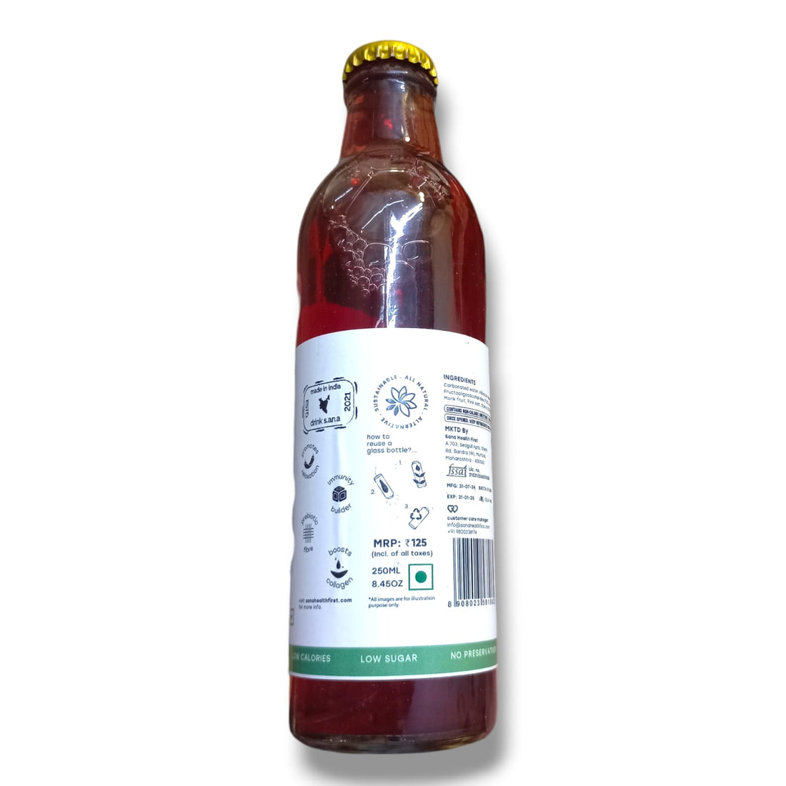 Sparkling Water | Hibiscus Orange Prebiotic Sparkling Water - Supports Digestive Health – All Natural – No Added Preservatives & Chemical Free – Sana Health First – 250ml