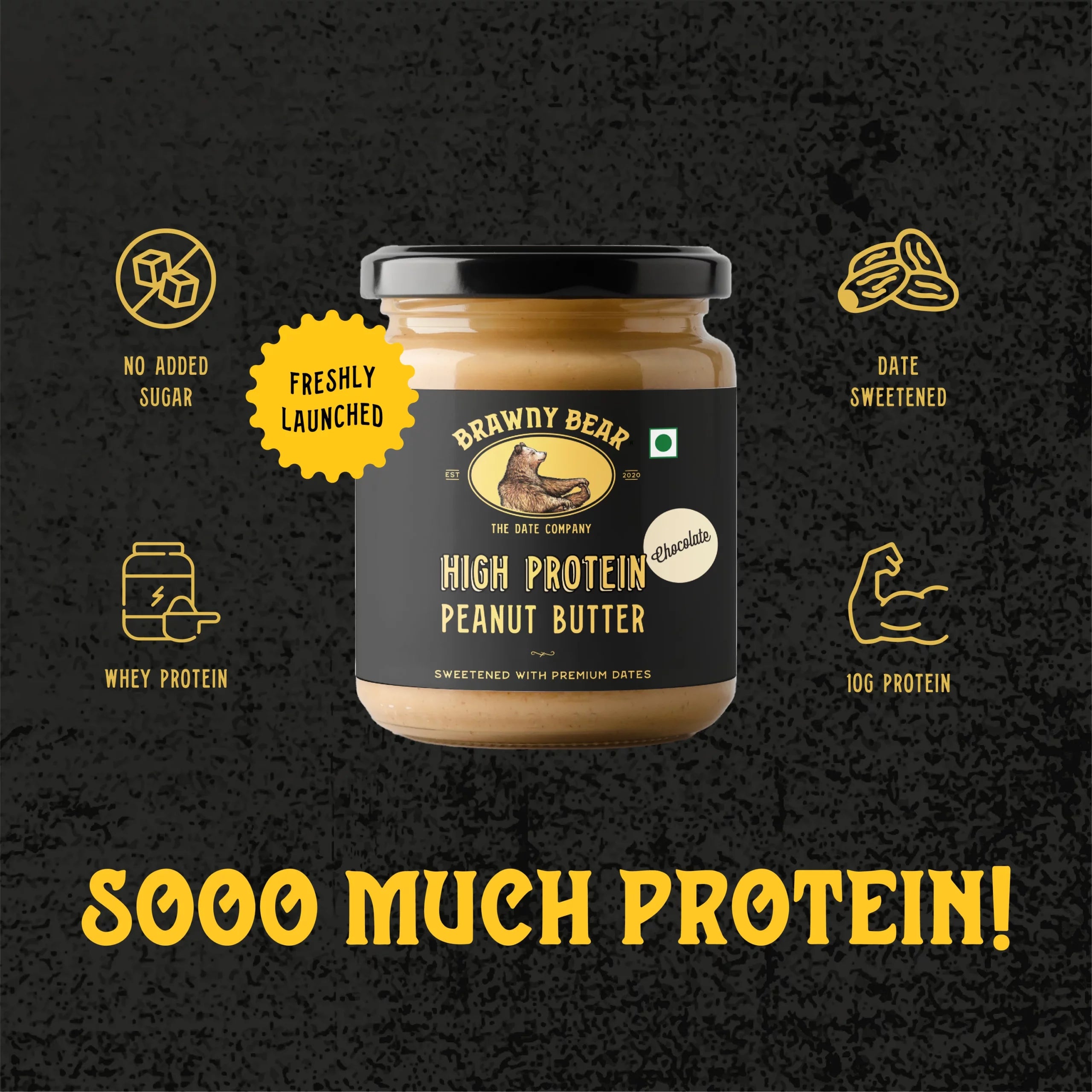 Peanut Butter | Chocolate (Sweetened With Premium Dates) - 10gm Protein Per Serve - No Added Sugar & No Preservatives - Brawny Bear - 200gm