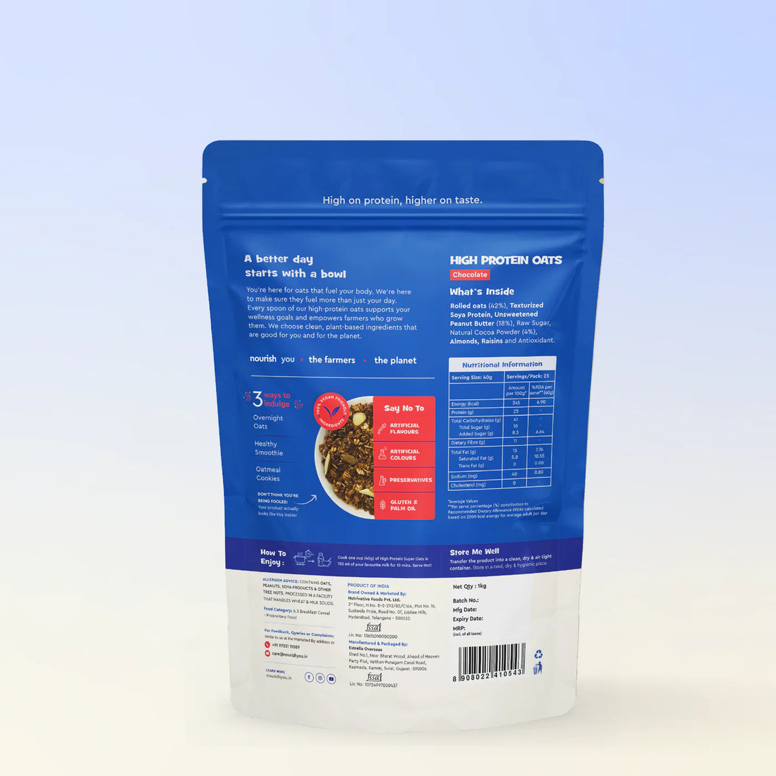 Oats | High Protein Oats (Chocolate) - 25% Plant Based Protein - Gluten Freee, No Palm Oil, No Artificial Flavours & No Added Preservatives - Nourish You - 1000gm