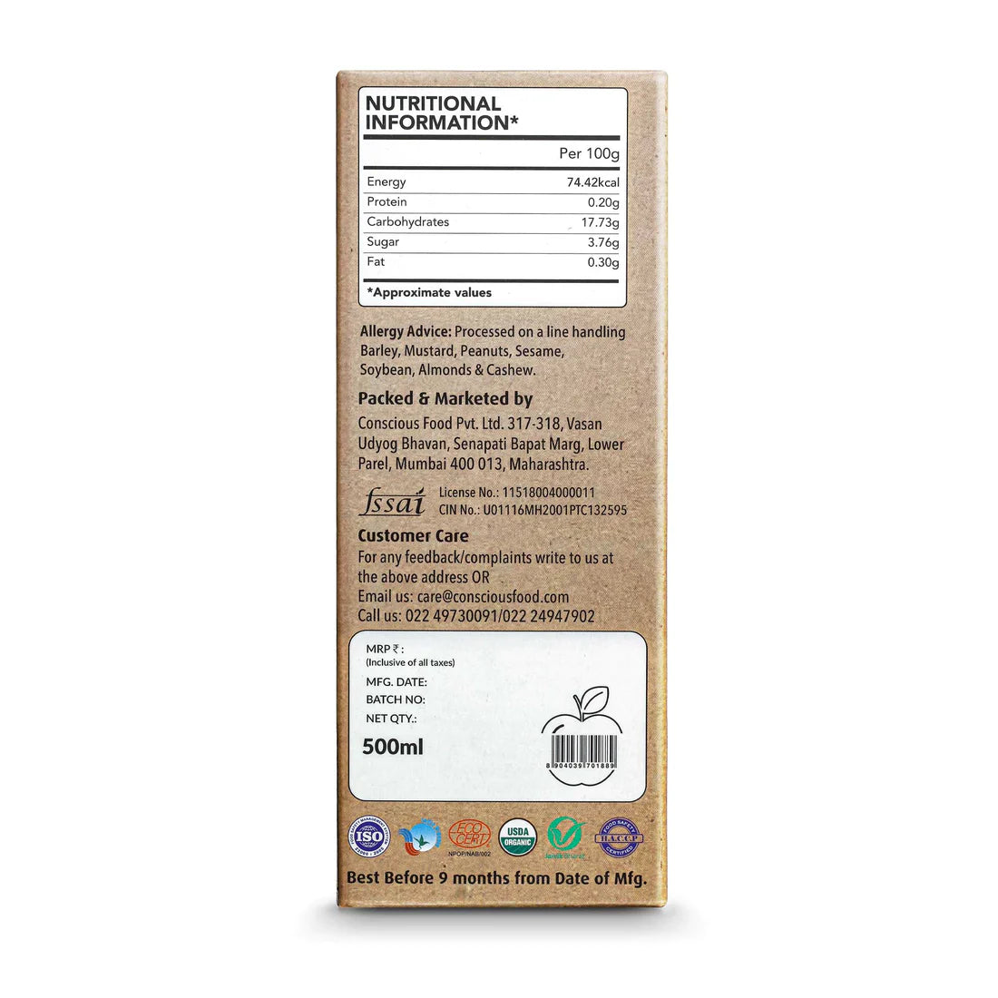 Apple Cider Vinegar With Mother - Conscious Food - 500ml