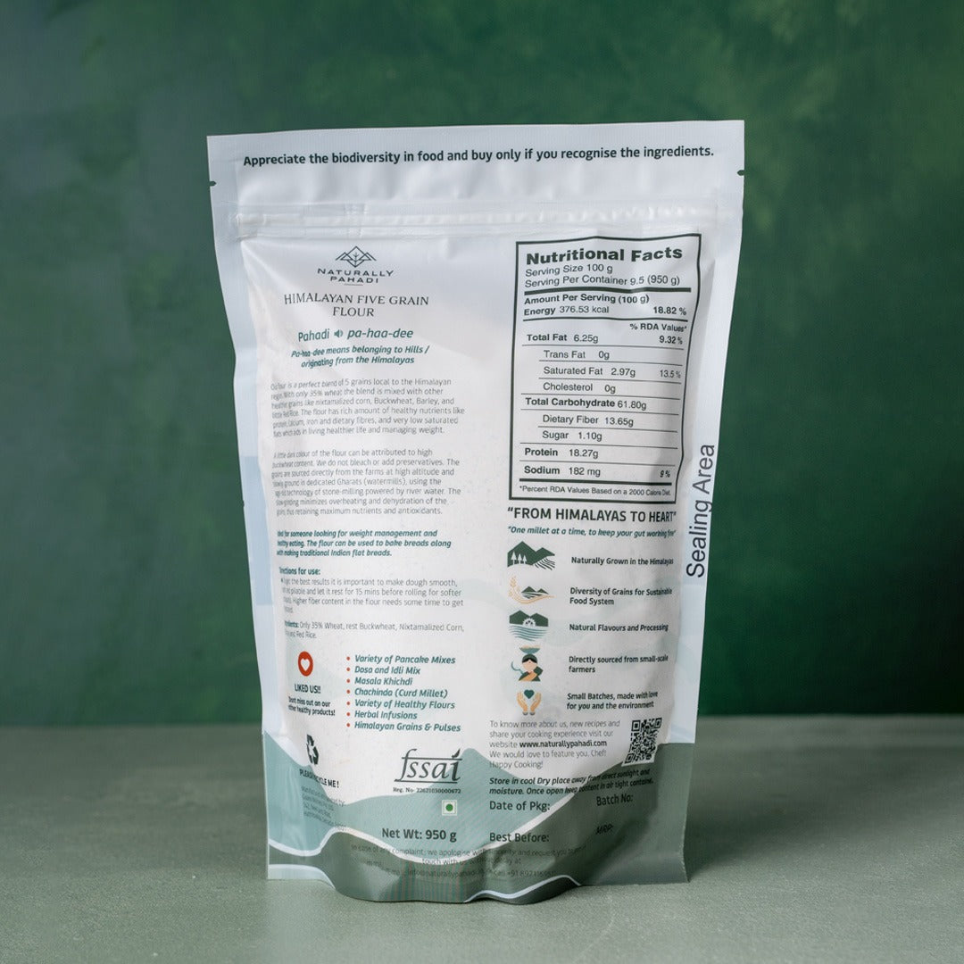 Flour | Himalayan Five Grain Pre Diabetic Flour - Multigrain Atta - High In Fibre, Protein, Low In Carb, No Bleaching & No Added Preservatives - Naturally Pahadi - 950gm