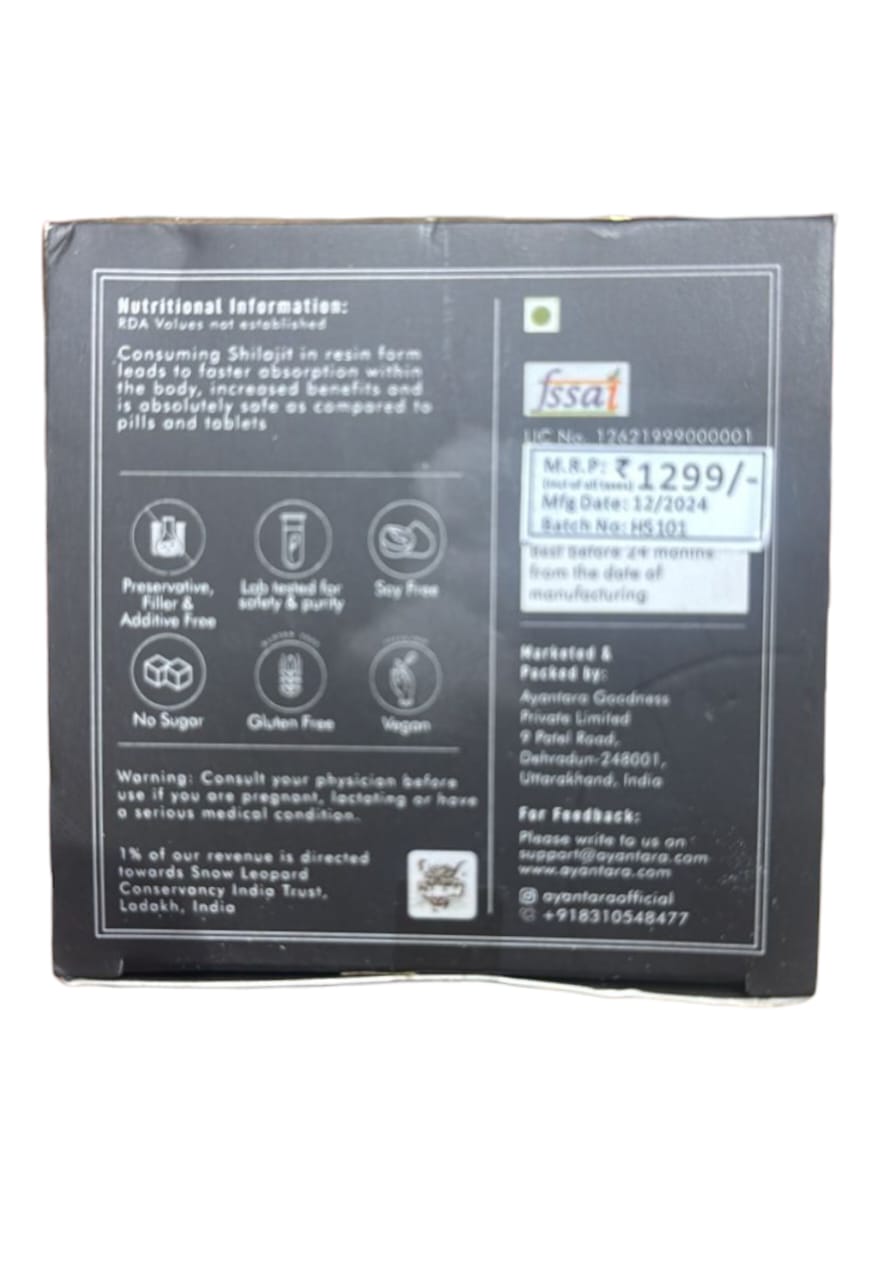 Shilajit | Himalayan Shilajit Resin - Surya Tapi Purified - 100% Pure & Natural - 82% Fulvic - From Gangotri Glacier - Vegan, Gluten Free, No Sugar, Soy Free, Heavy Metal Free, No Additives, Fillers & Preservatives Free - Ayantara - 20gm