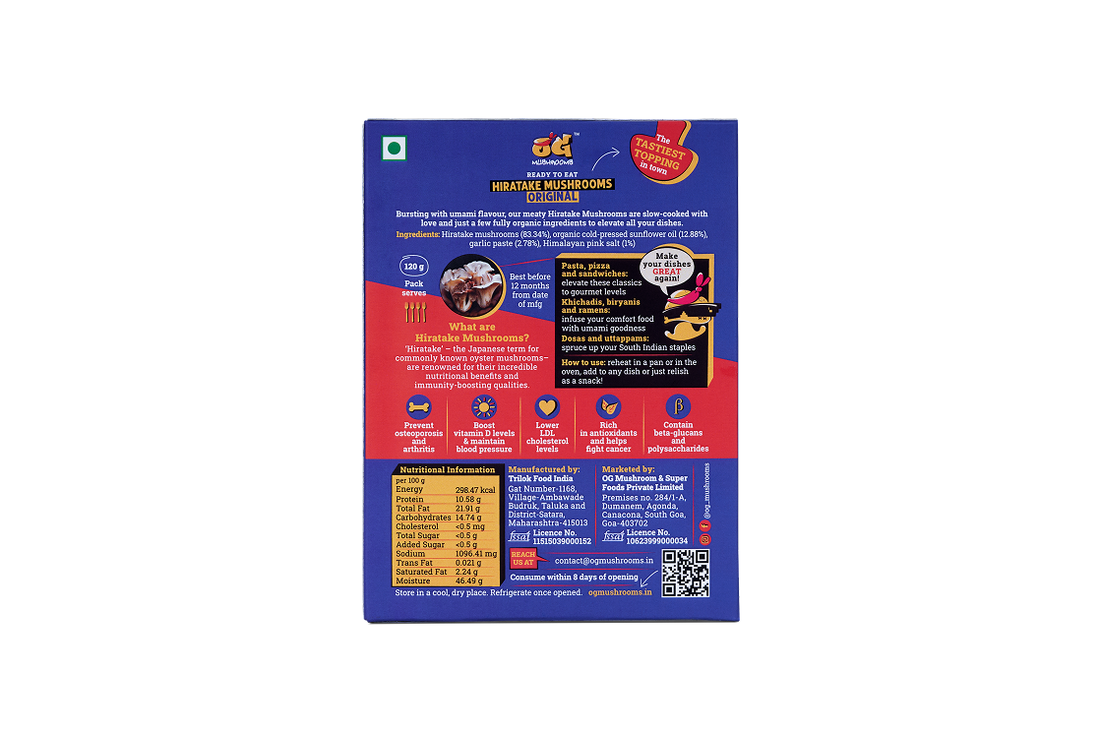 Mushrooms | Hiratake Mushrooms Original -Ready To Eat-100% Plant Based, Gluten Free- Gourmet Topping & Filling -Soy Free-No Preservatives- OG Mushrooms – 120gm