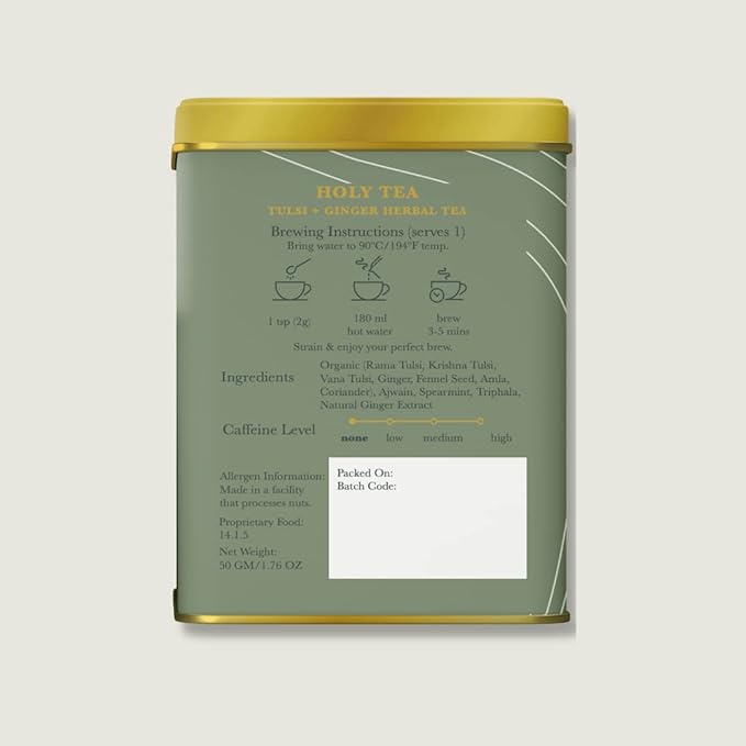 Holy Tea | Tulsi, Ginger Herbal Tea - USDA Organic - Caffeine Free - Luxmi Estate - 50gm