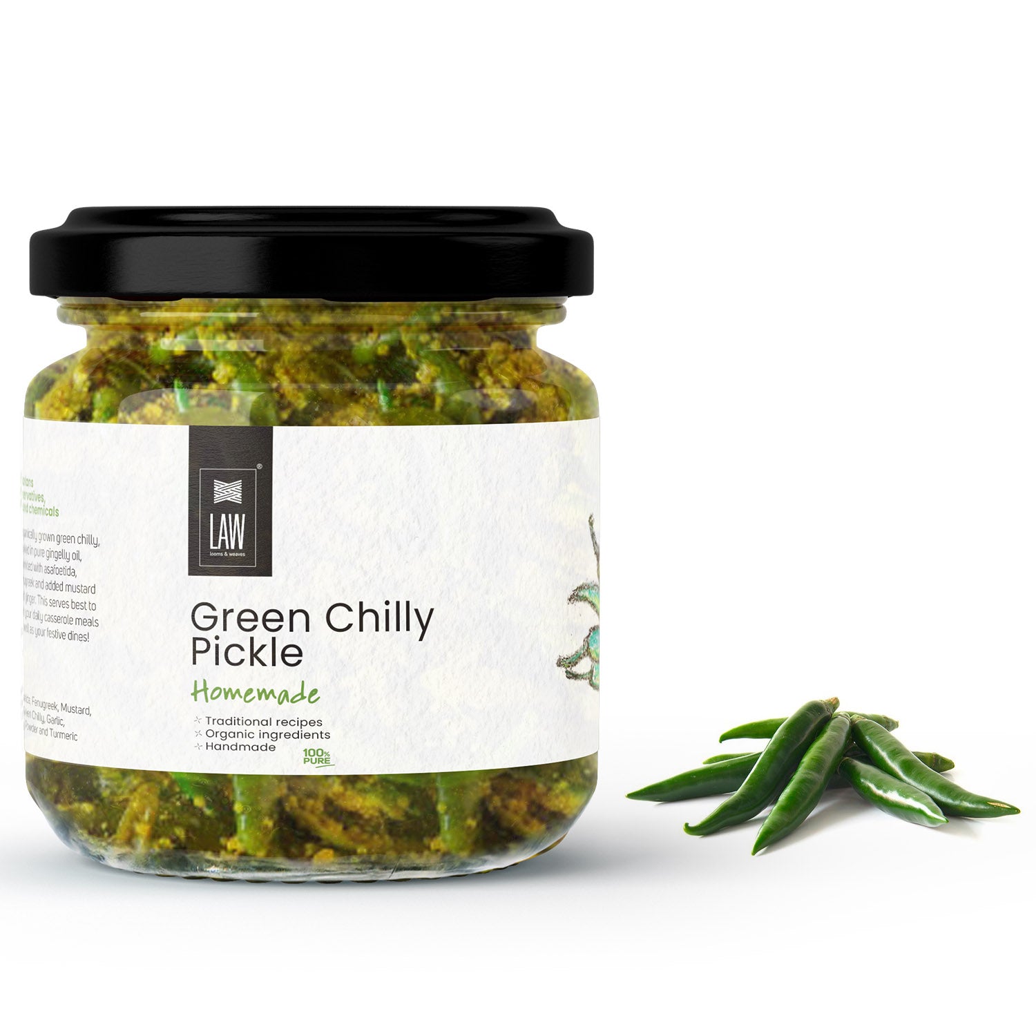 Pickle | Green Chilli Pickle - Traditional Recipe – Handmade – Organically Ingredients – Vegan, Gluten Free, Preservatives Free & Chemical Free – Loom And Weaves – 250gm