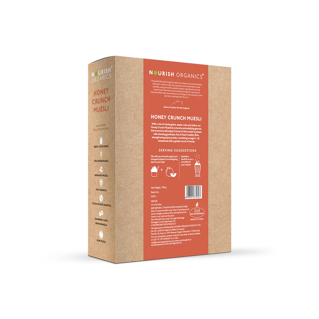 Honey Crunch Muesli - No Added Sugar, High Protein, Rich In Fiber, Low Calorie, Lactose Free & Fat Free - Nourish Organics - 300gm