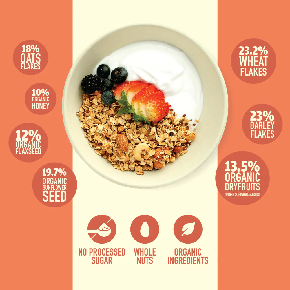 Honey Crunch Muesli - No Added Sugar, High Protein, Rich In Fiber, Low Calorie, Lactose Free & Fat Free - Nourish Organics - 300gm