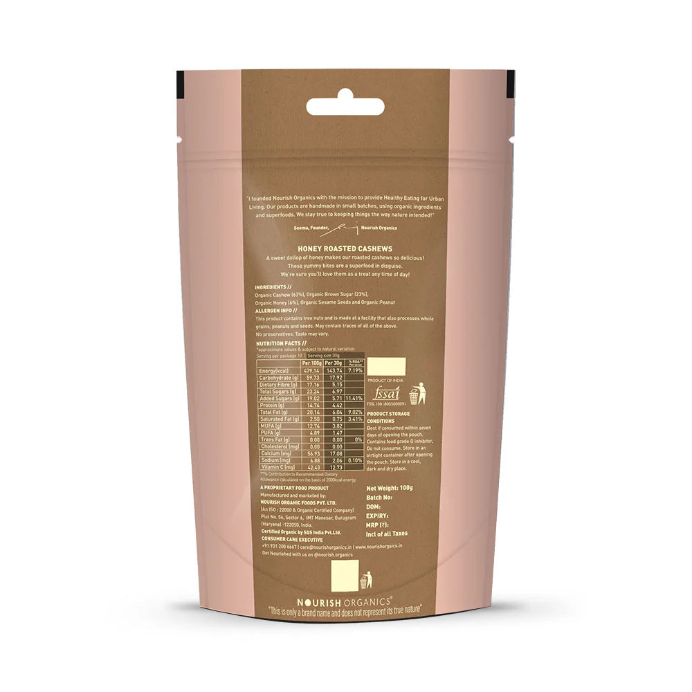 Cashews | Honey Roasted - Gluten Free, Keto Friendly & High Protein - Nourish Organics - 100gm
