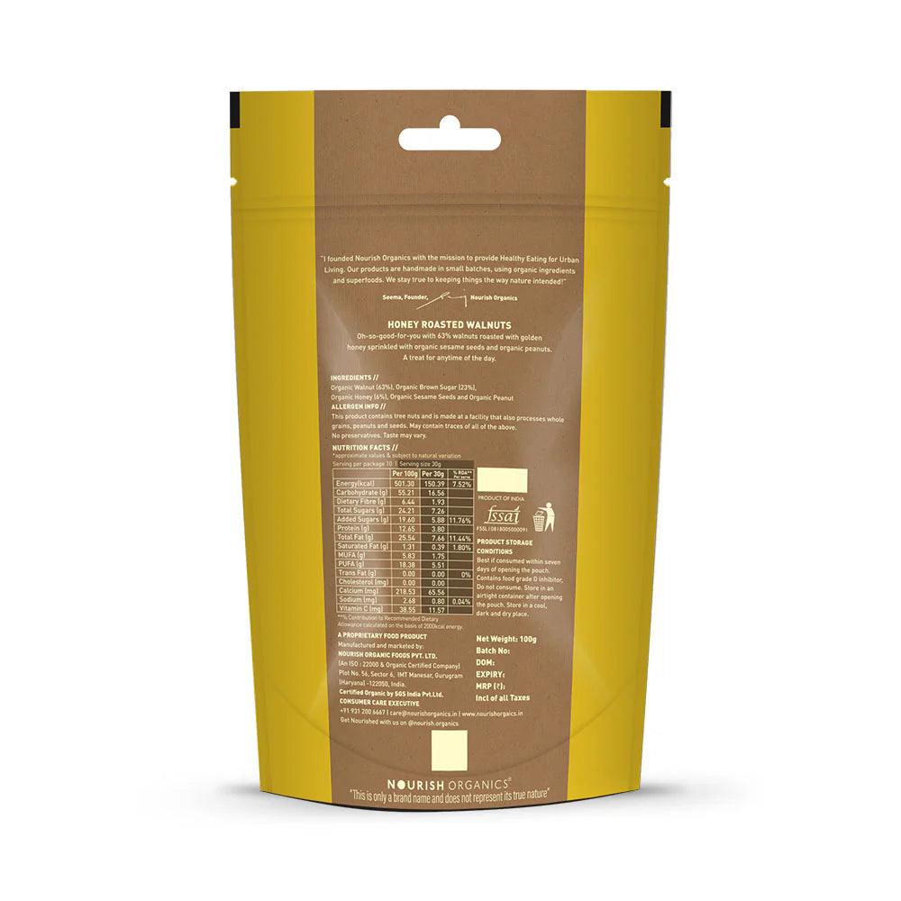 Walnuts | Honey Roasted - Gluten Free, Keto Friendly & High Protein - Nourish Organics - 100gm