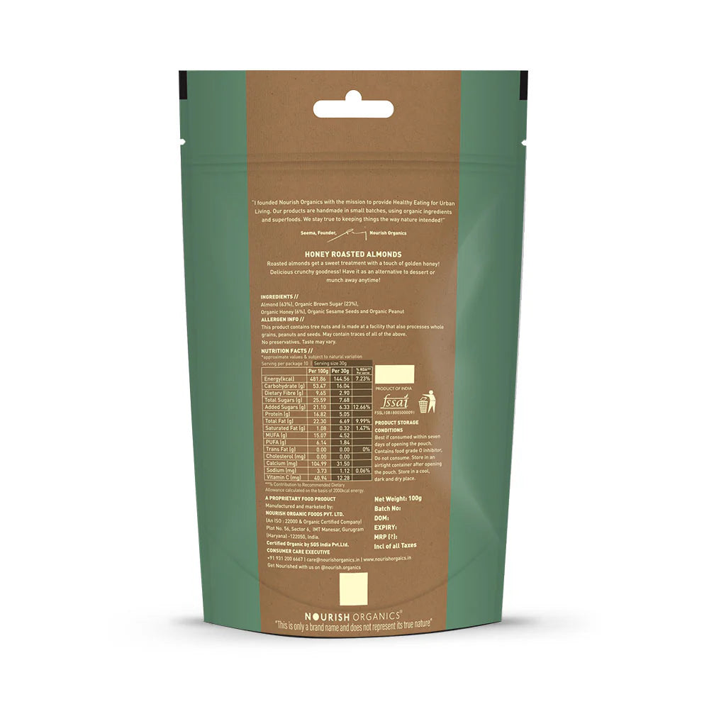 Almonds | Honey Roasted Almonds - Gluten Free, Keto Friendly & High Protein - Nourish Organics -100gm