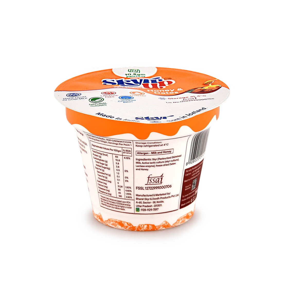 Yogurt | Honey & Dates (Made From A2 Milk) - Natural Sugar, 10.8gm Protein, Fat Free & Lactose Free - Skyrrup - 100gm