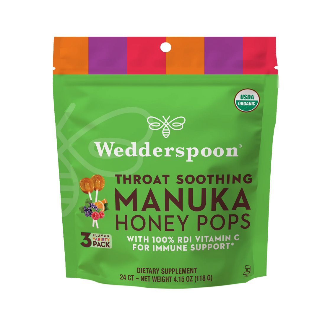 Manuka Honey Pops. - Throat Soothing - With RDI Vitamin C - USDA Organic - Wedderspoon (118gm)