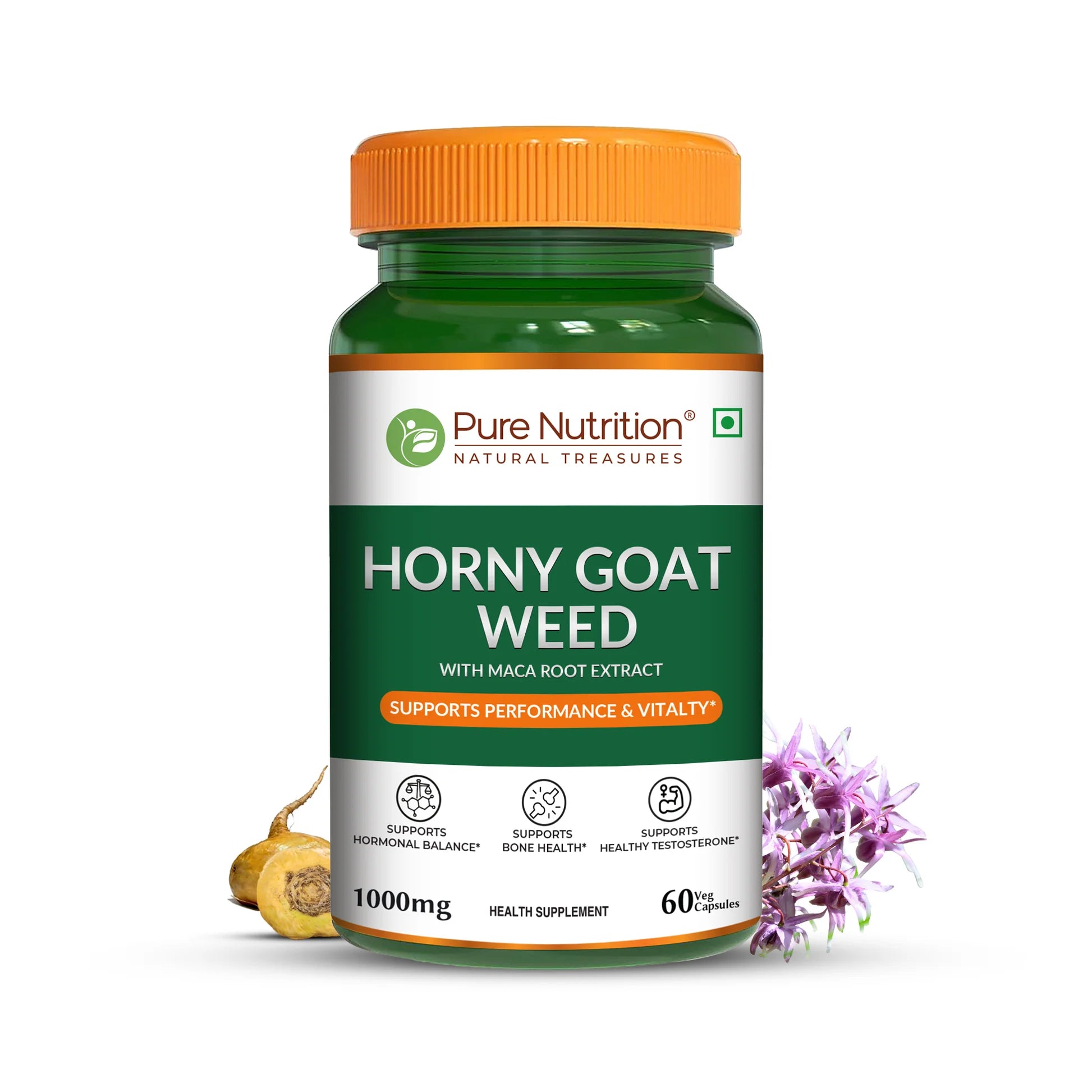 Horny Goat Weed | Maca Root Extract - Support Hormonal Balance, Support Bone Health - Pure Nutrition - 1000mg - 60 Veg Capsules