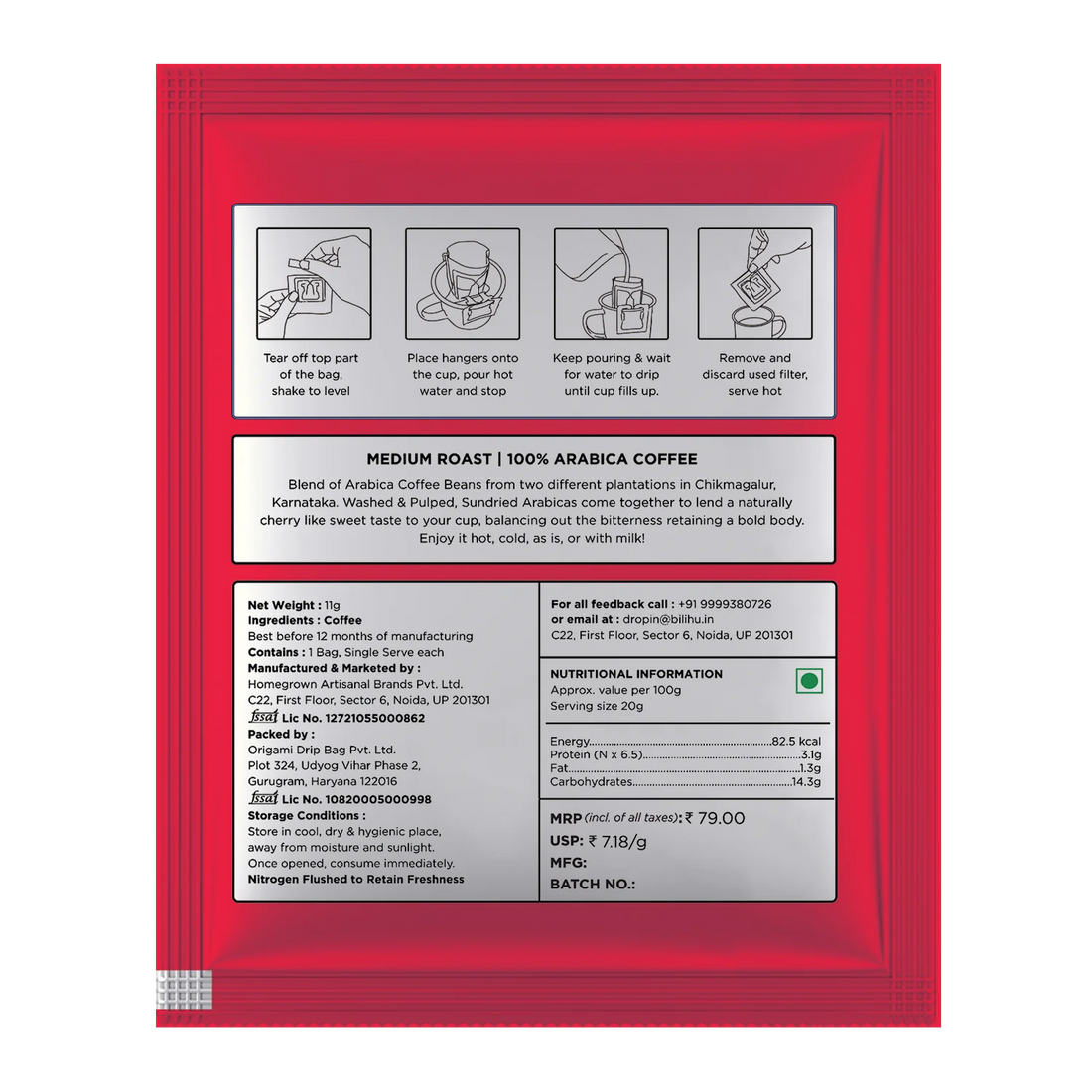 Coffee | Drip Coffee - Hot Coffee Dip Bags - 100% Arabica - Medium Roast - Bili Hu - 11gm - Single sachet