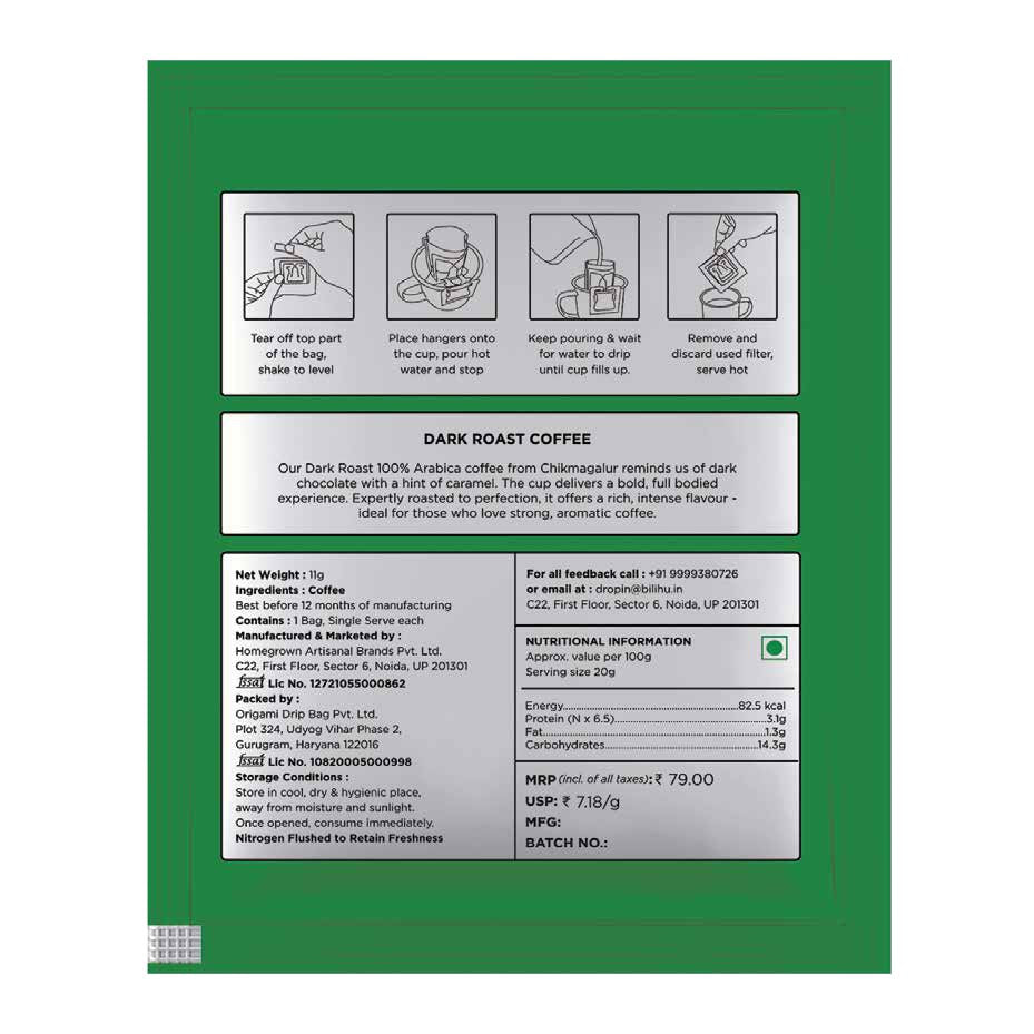 Coffee | Hot Coffee Dip Bags - 100% Arabica - Dark Roast - Bili Hu - 11gm - Single Sachet