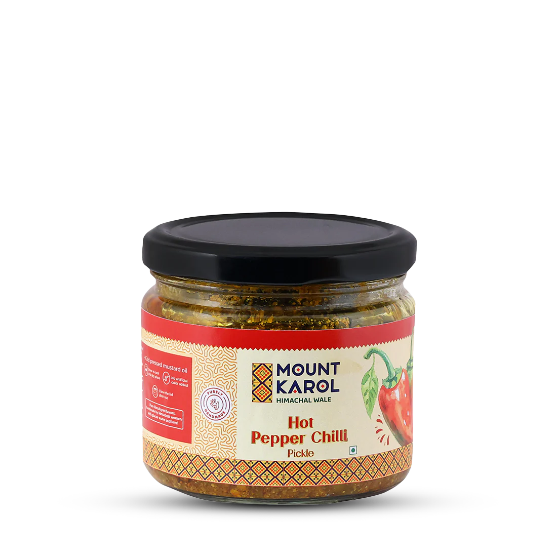 Pickle | Hot Pepper Chilli Pickle - (Made With Cold Pressed Mustard Oil) - Pure Himalayan Flavor - No emulsifiers, Stabilisers, Nothing Artificial, No Flavour Enhancers, Colours & No Artificial Preservatives - Mount Karol - 300gm