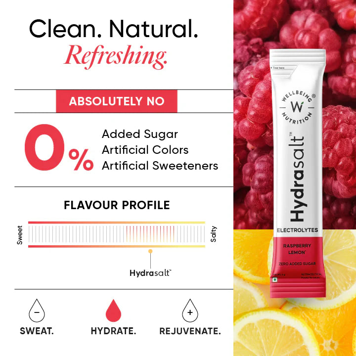Electrolyte | Hydrasalt (Raspberry Lemon) - No Added Sugar, No Colors & No Artificial Sweeteners - Wellbeing Nutrition - 15 Servings