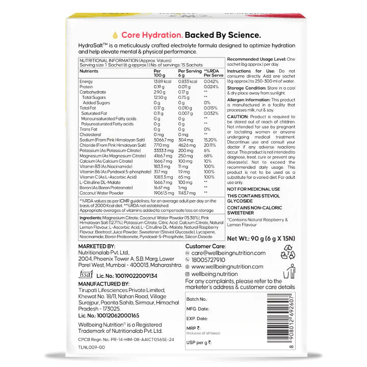 Electrolyte | Hydrasalt (Raspberry Lemon) - No Added Sugar, No Colors & No Artificial Sweeteners - Wellbeing Nutrition - 15 Servings