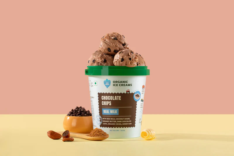 Ice Cream |Chocolate Chips Ice Cream - Made From A2 Milk, Gondh Gum, Organic Butter, Chocolate Chips -Gluten Free - Churned with authentic & Real Ingredients-Zero Preservatives & No Refined Sugar - Iceberg Organic Ice Cream - 125ml