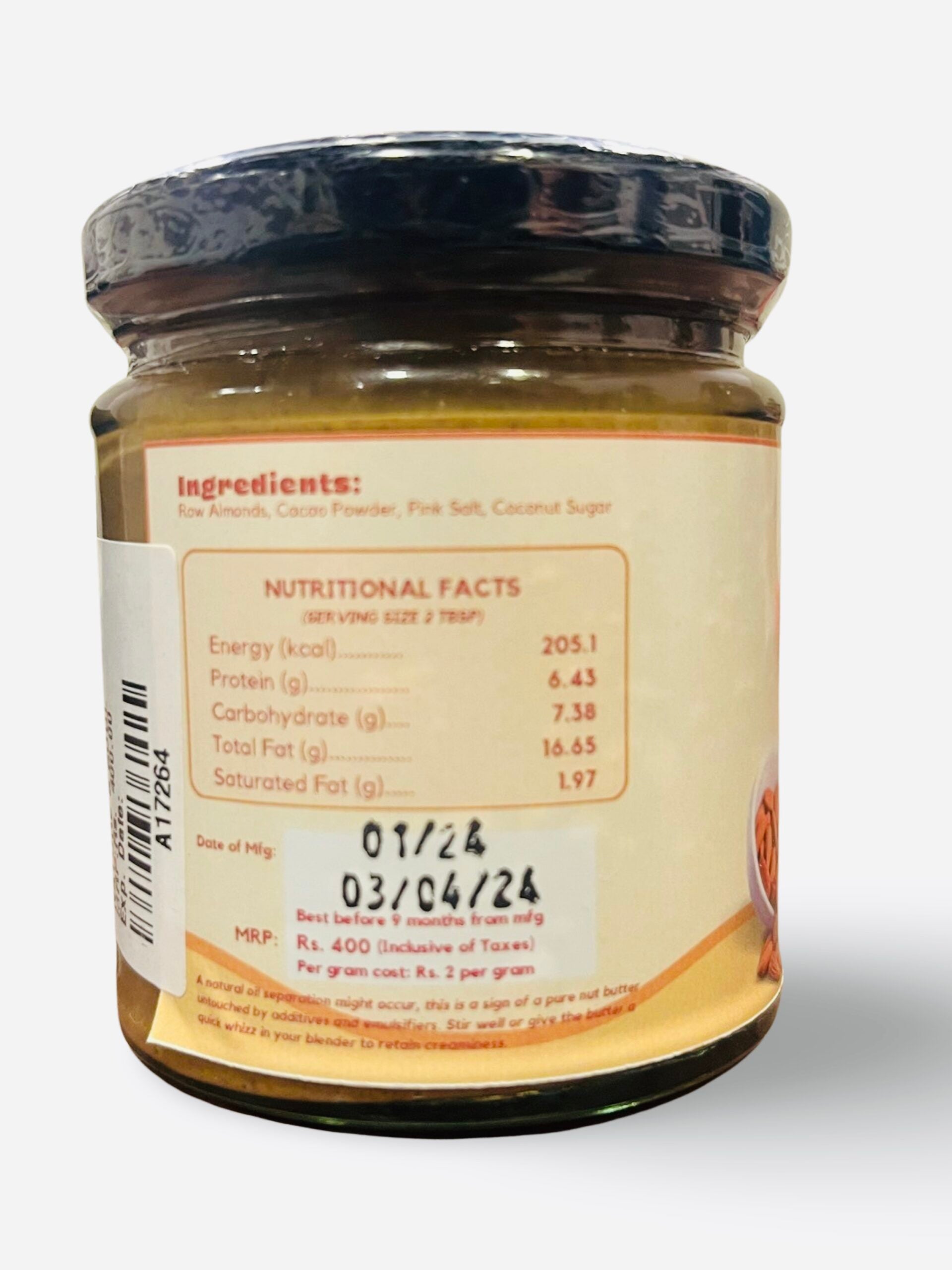 Almond Butter | Cacao - Crunchy - Vegan - No Preservatives, No Palm Oil, No Artificial Flavour, Non GMO Almonds - Nature&
