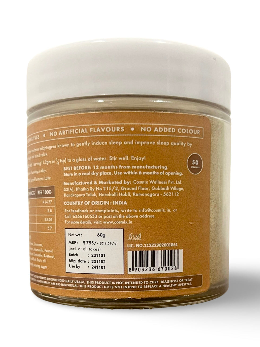 Sleep Like A Baby | Plant Based Supplement - Natural - No Added Flavours, No Added Colour & No Added Preservatives - Cosmix - 60gm