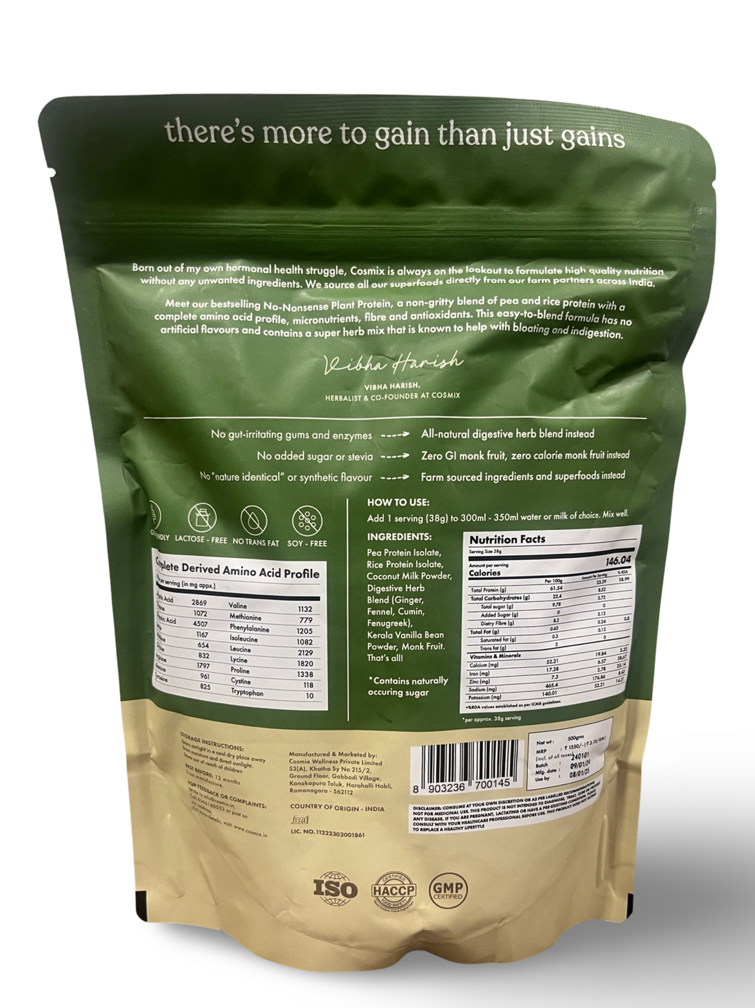 Protein Powder | Plant Protein - No Nonsense - Real Kerala Vanilla Bean - 24gm Protein Per Serving – Vegan, Gluten Free, Soy Free, No Trans Fat, No Added Sugar, Gums, Enzymes & No Added Artificial Flavours – Cosmix – 500gm