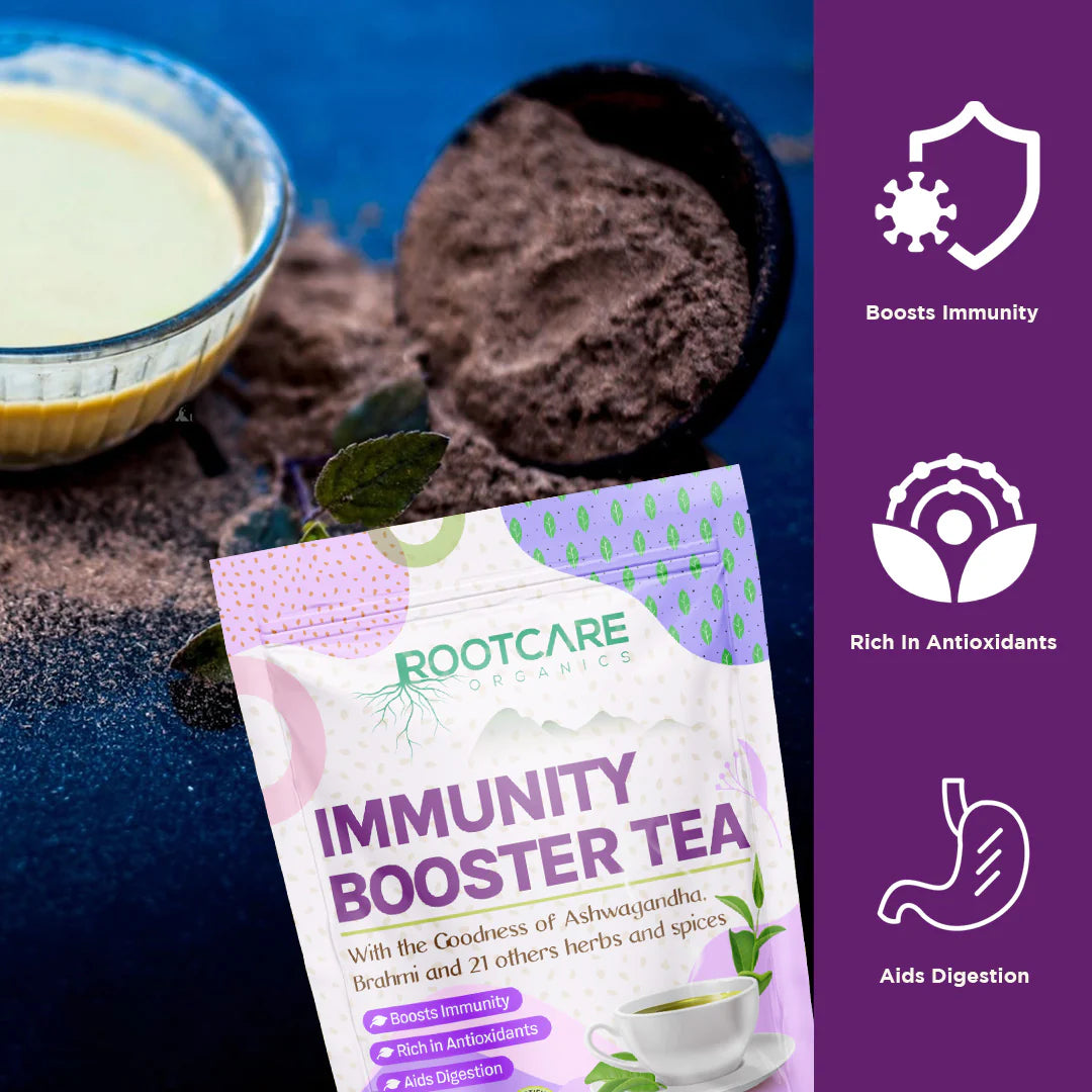 Tea | Immunity Booster (With The Goodness Of Ashwagandha, Brahmi And 21 Others Herbs & Spices) - Organic - Gluten Free, No Added Sugar, Preservatives Free & No Artificial Colors - Root Care Organics - 100gm