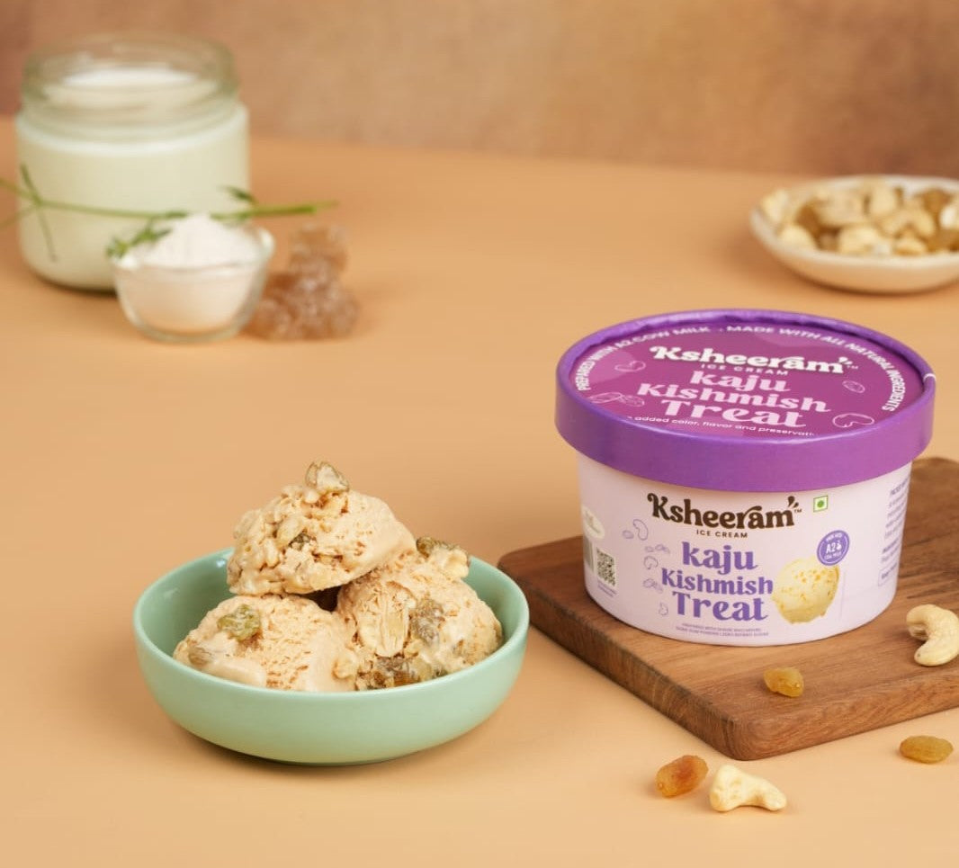 Ice Cream | Kaju Kishmish Treat - Guar Gum Powder with Dhaga Mishri -Prepared With A2 Cow Milk- Zero Preservatives, No Refined Sugar & Zero Added Colour and Artificial - Ksheeram Ice Cream – 200 gms