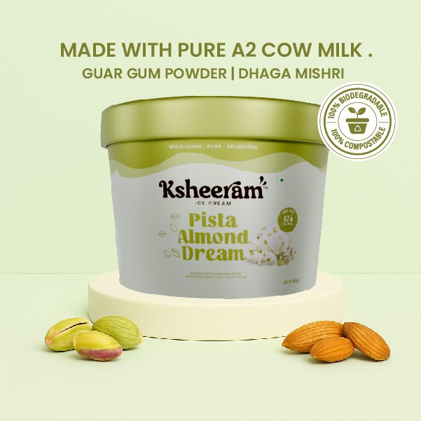 Ice Cream | Pista Almond Dream Ice Cream- Sweetened with Dhaga Mishri -Prepared With A2 Cow Milk- Zero Preservatives, No Refined Sugar & Zero Added Colour and Artificial - Ksheeram Ice Cream – 200 gms