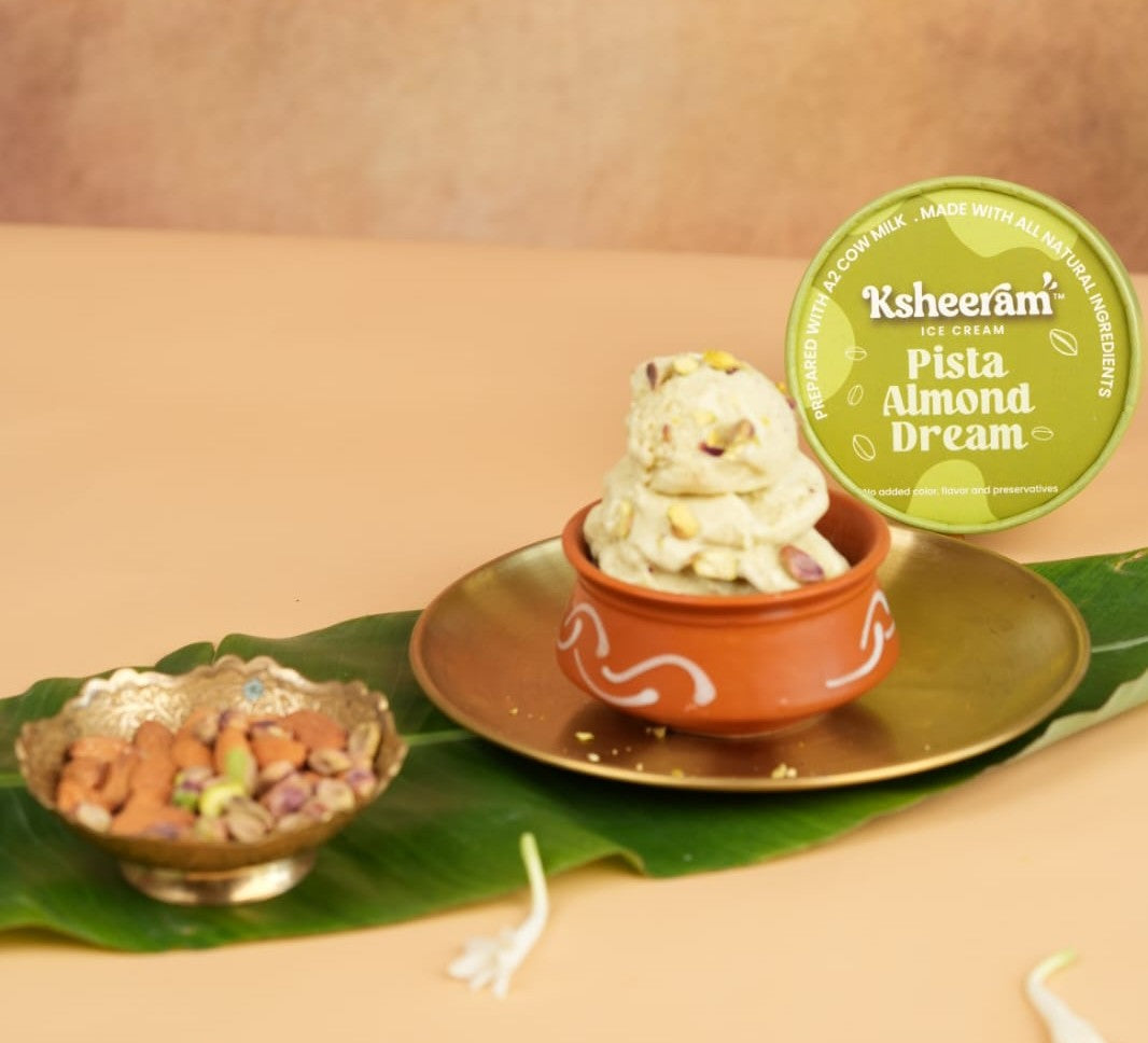 Ice Cream | Pista Almond Dream Ice Cream- Sweetened with Dhaga Mishri -Prepared With A2 Cow Milk- Zero Preservatives, No Refined Sugar & Zero Added Colour and Artificial - Ksheeram Ice Cream – 200 gms
