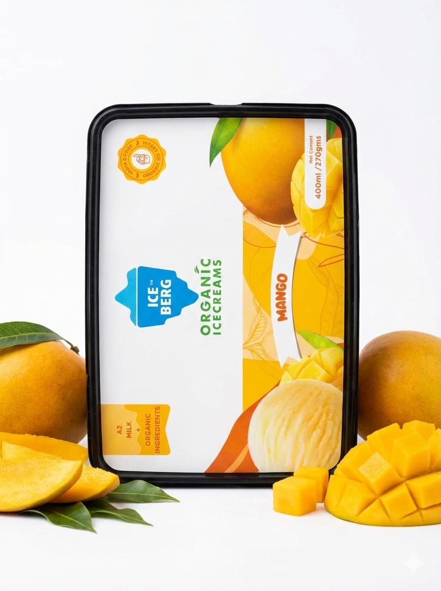 Ice Cream | Mango Ice Cream (Made From Real Milk, Gondh Gum, Organic Butter, Mango ) - Churned with authentic & Real Ingredients - Iceberg Organic Ice Cream - 400ml