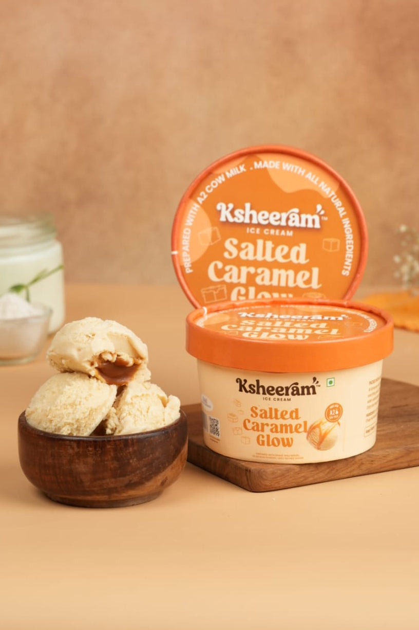 Ice Cream | Salted Caramel Glow - Sweetened with Dhaga Mishri - Prepared With A2 Cow Milk- Zero Preservatives, No Refined Sugar & Zero Added Colour and Artificial - Ksheeram Ice Cream – 200 Gms