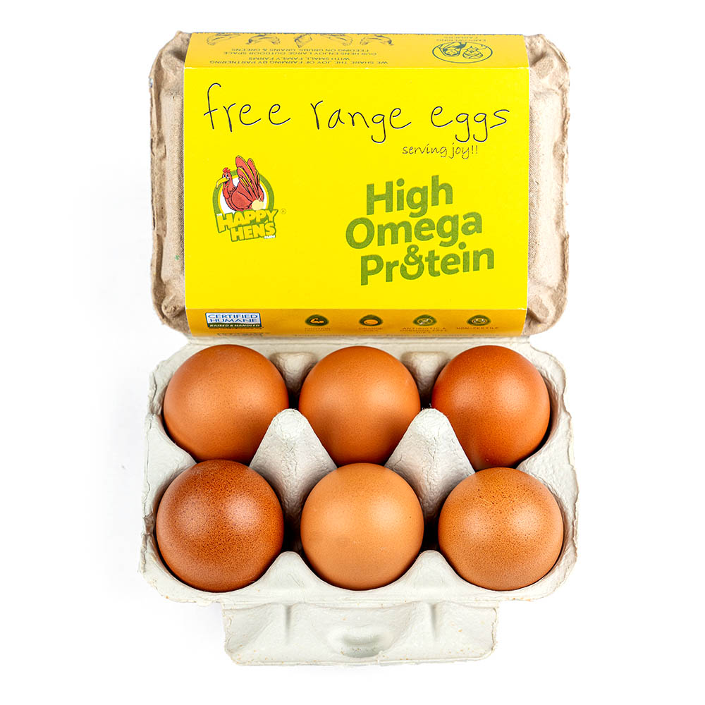 Eggs | Free Range Eggs (Omega 3) – Supplemented With Herbs – Antibiotic & Hormones Free Diet – No Fertile, Rich In Carotenoid & Protein – Happy Hens – 6Pieces