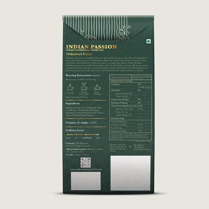 Tea | Green - Indian Passion (Medium Caffeine) - Organic - Darjeeling - Luxmi Estates - (25 Tea Bag) - 50gm
