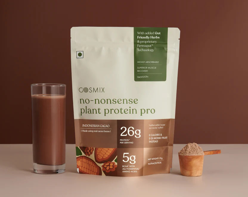 Protein Powder | No Nonsense Plant Protein Pro - Indonesian Cacao - 26gm Protein Per Serving - Vegan, Gluten Free, Soy Free, No Trans Fat, No Added Sugar, Gums, Enzymes & No Added Artificial Flavours - Cosmix - 500gm