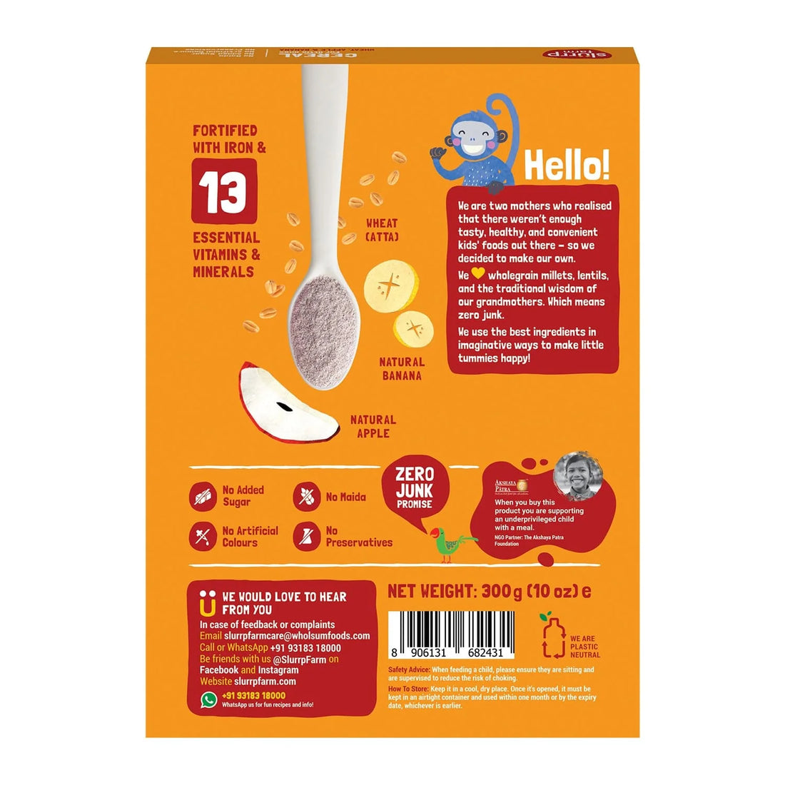 Cereal | Wheat, Apple & Banana - Ready To Eat - No Added Sugar - Slurrp Farm - 200gm