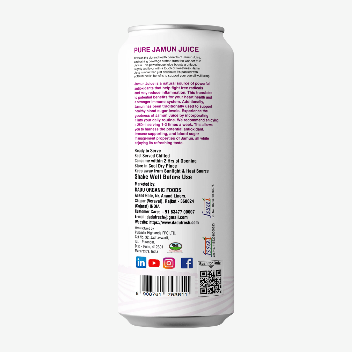 Juice | Jamun Juice - No Added Sugar, No Preservatives & No Concentrate - Dadu Fresh - 250ml