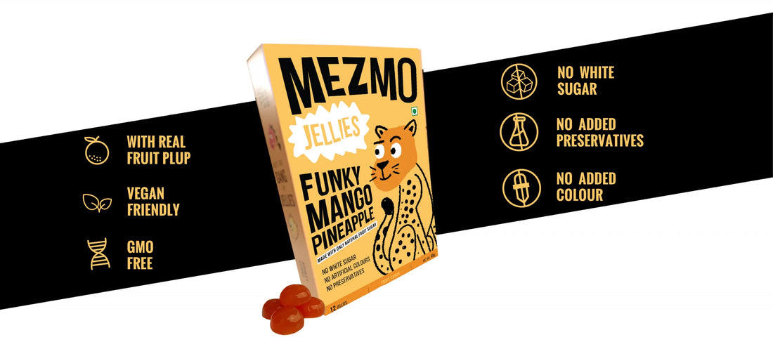 Jellies | Funky Mango Pineapple (Made With Real Fruit Plup) - Natural - Vegan, Gluten Free, GMO Free, No White Sugar, No Added Preservatives & No Added Colors - Mezmo - 48gm