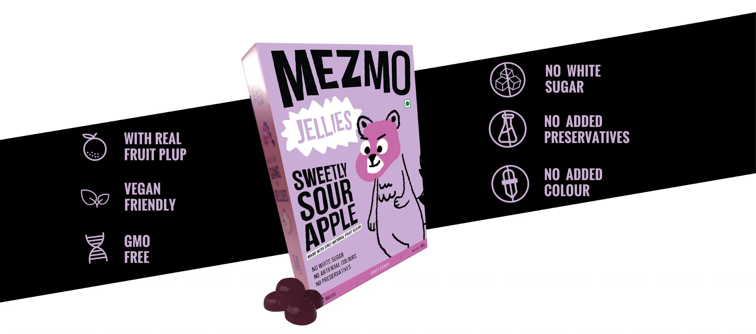 Jellies | Sweetly Sour Apple (Made With Real Fruit Plup) - Natural - Vegan, Gluten Free, GMO Free, No White Sugar, No Added Preservatives & No Added Colors - Mezmo - 48gm