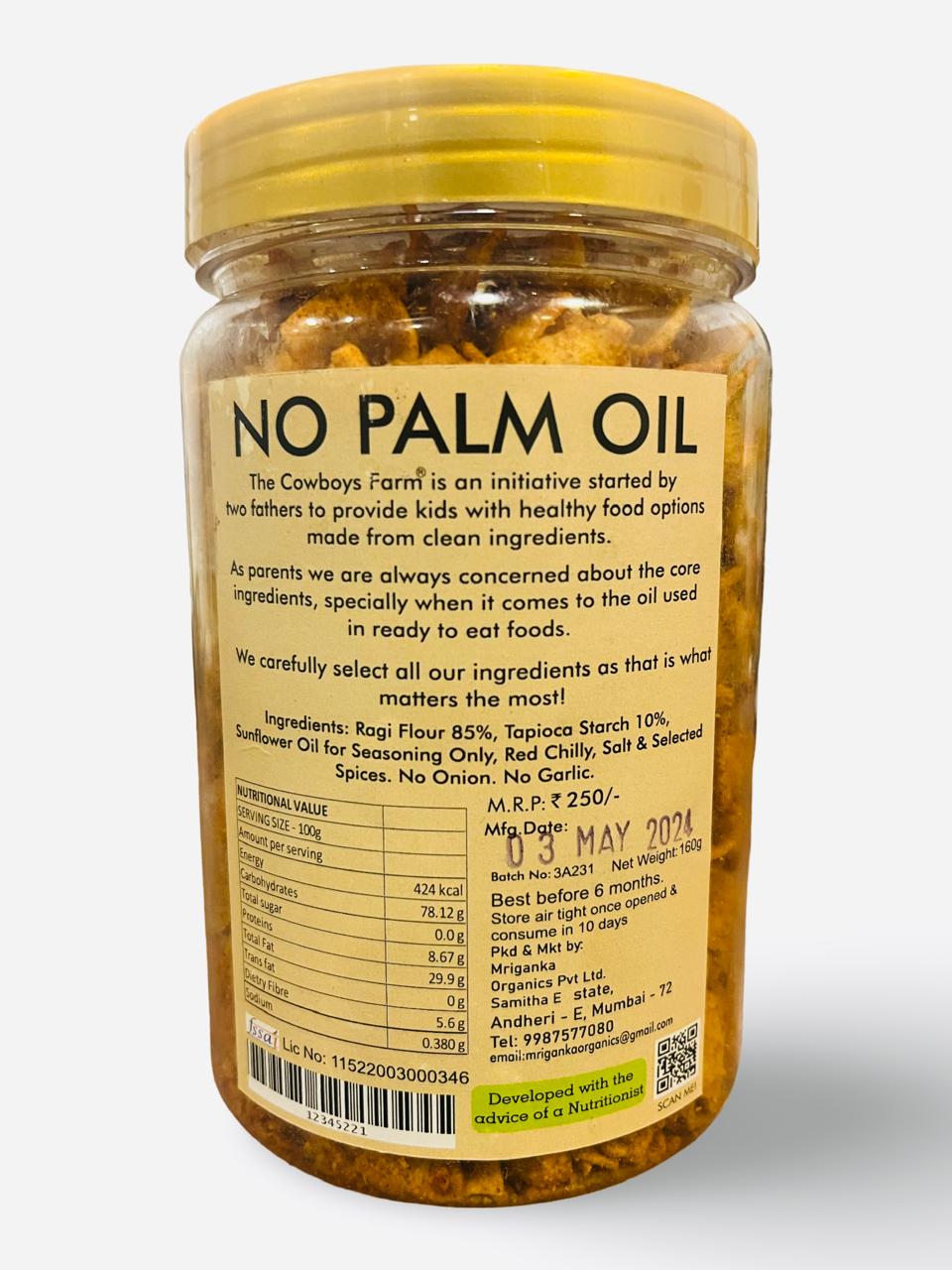 Chips | Ragi Chips - Gluten Free, No Palm Oil, No Flavor Enhancer, No Artificial Colors & No Added Preservatives - Natural Ingredients - The Cowboys Farm - 160gm