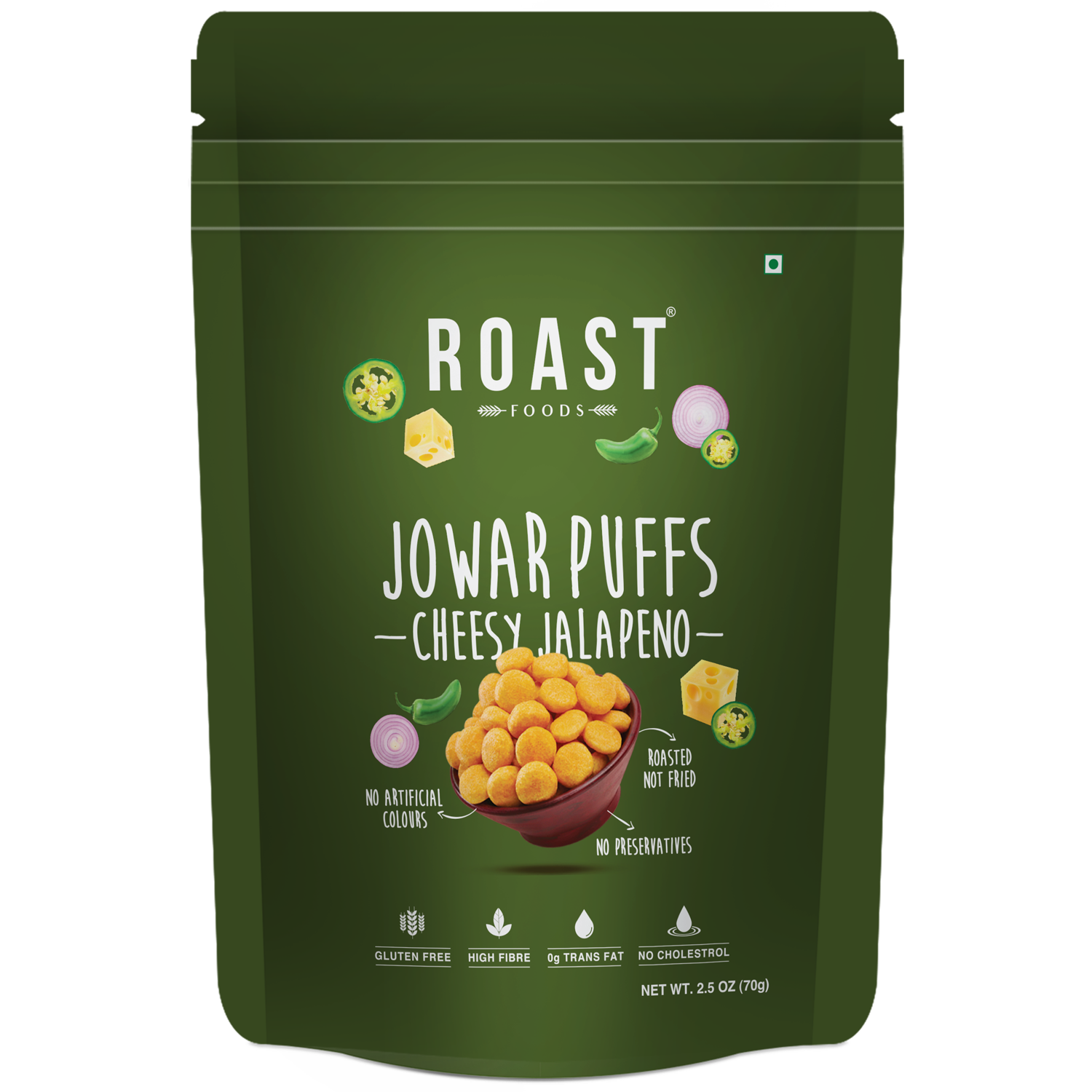 Jowar Puff | Cheesy Jalapeno - Roasted - Not Fried - Gluten Free, High In Fibre, No Trans Fat & No Artificial Colour – ROAST FOODS – 70gm