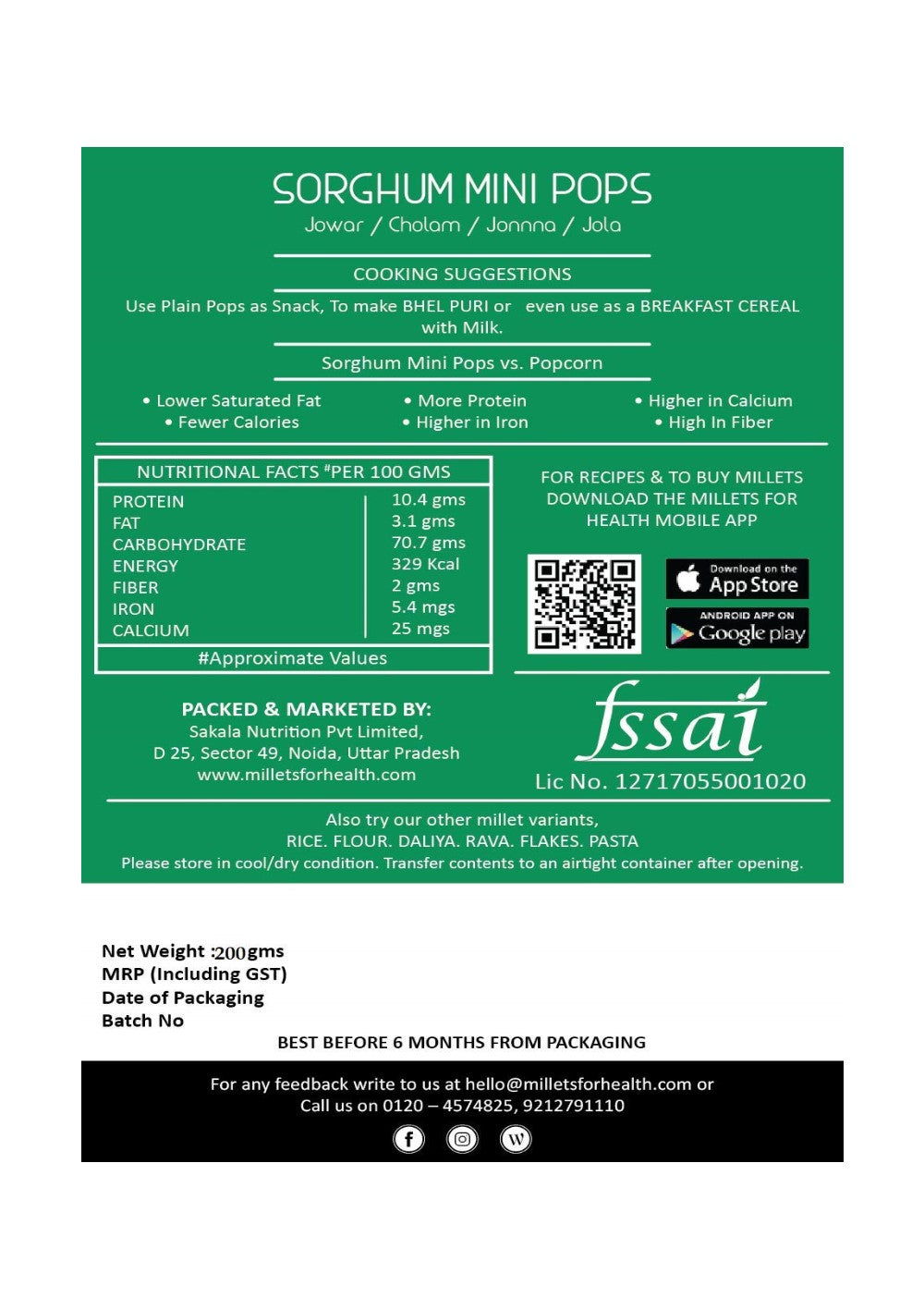 Jowar (Sorghum) Mini Pops - Gluten Free, High Protein, High Fiber & Low On Fat - Millets for Health - 200gm