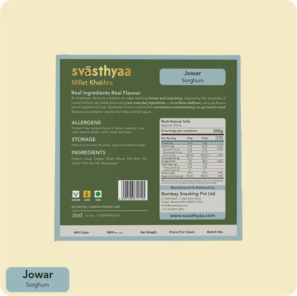 Millet Khakhra | Millet Jowar Khakhra – Roasted – Vegan, Jain Friendly, No Maida & Low Gi – Svasthyaa – 200gm