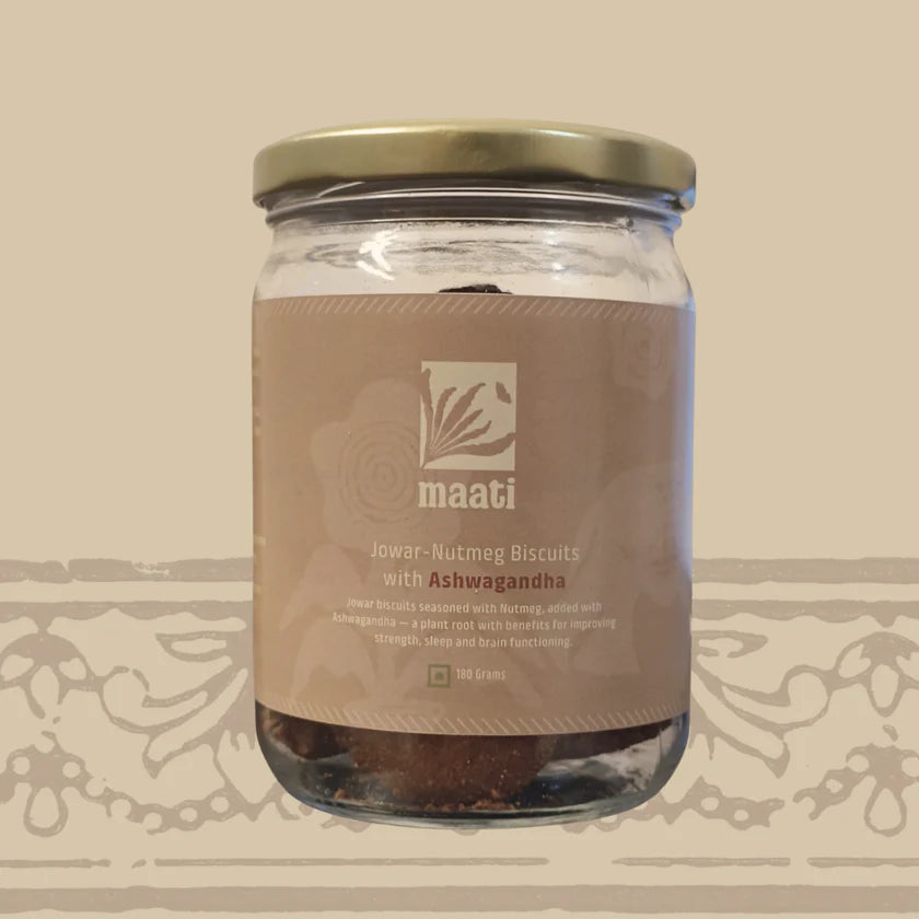 Biscuits | Jowar Nutmeg Biscuits with Ashwagandha - No Added Preservatives & No Refined Sugar - maati - 180gm