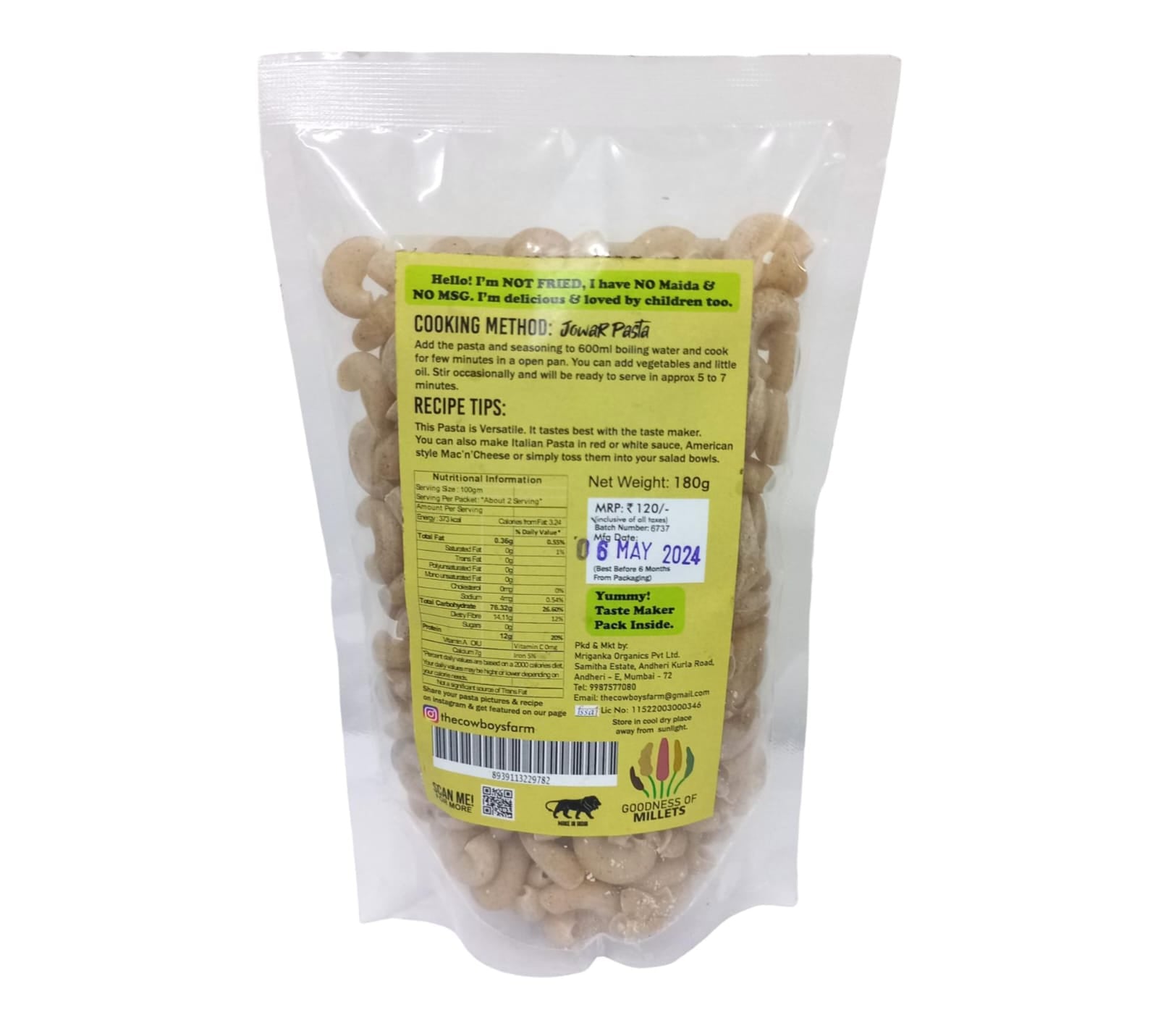 Jowar Pasta | High Protein, No Msg & Preservatives Free – The Cow Boys Farm – 180gm