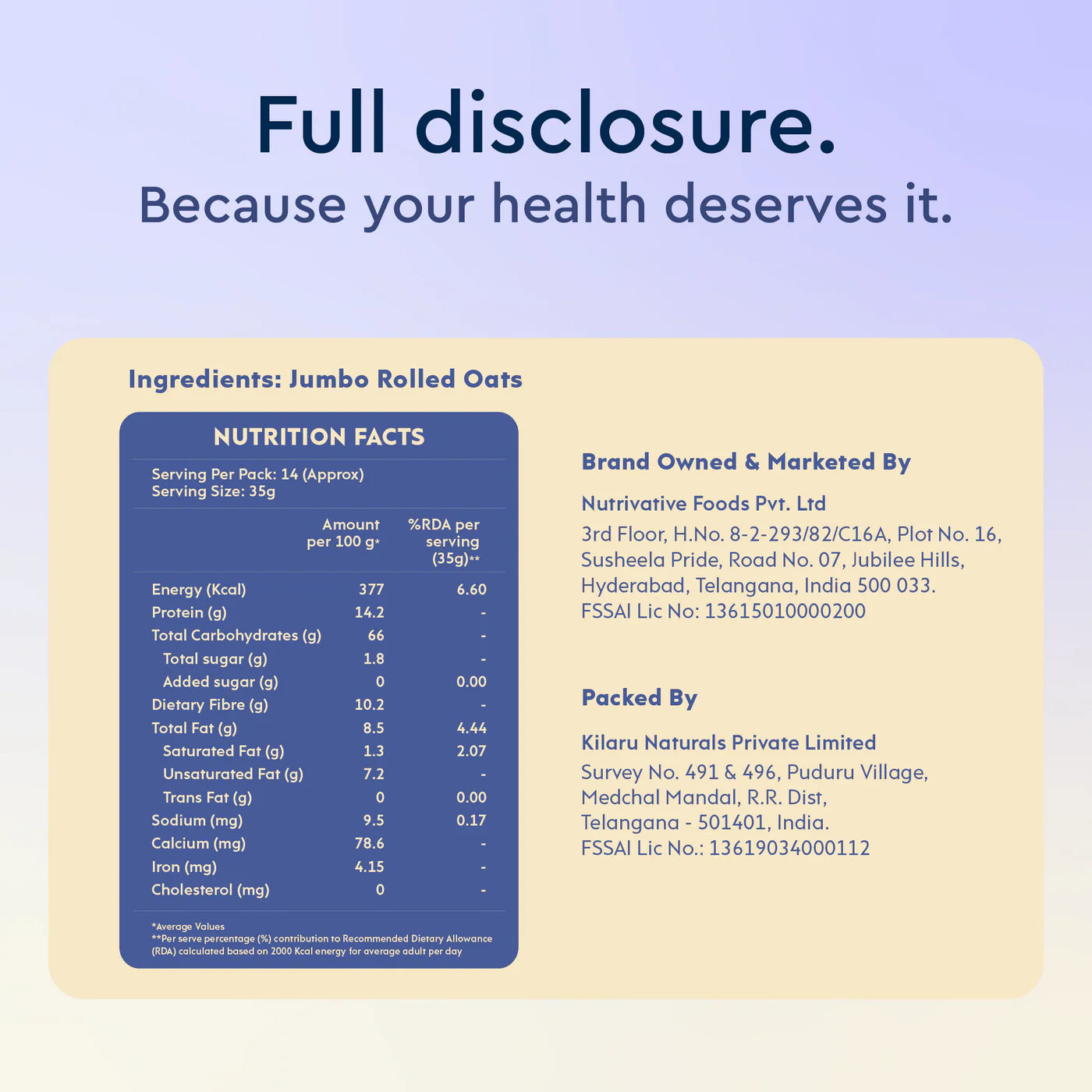 Oats | Jumbo rolled oats - High In Fiber And Protein - Vegan & Gluten Free -Non GMO , No Preservatives & No Added Sugar - Nourish You - 1000gm