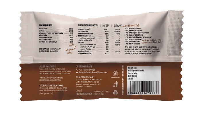 Coffee Cocoa Bar | (Made With Coffee, Cocoa Powder, Cocoa Butter, Dates, Cashew, Almond & Whey) - 14gm Protein - Gluten Free, No Added Sugar, No added Flavor & No Preservatives - The Whole Truth - 52gm