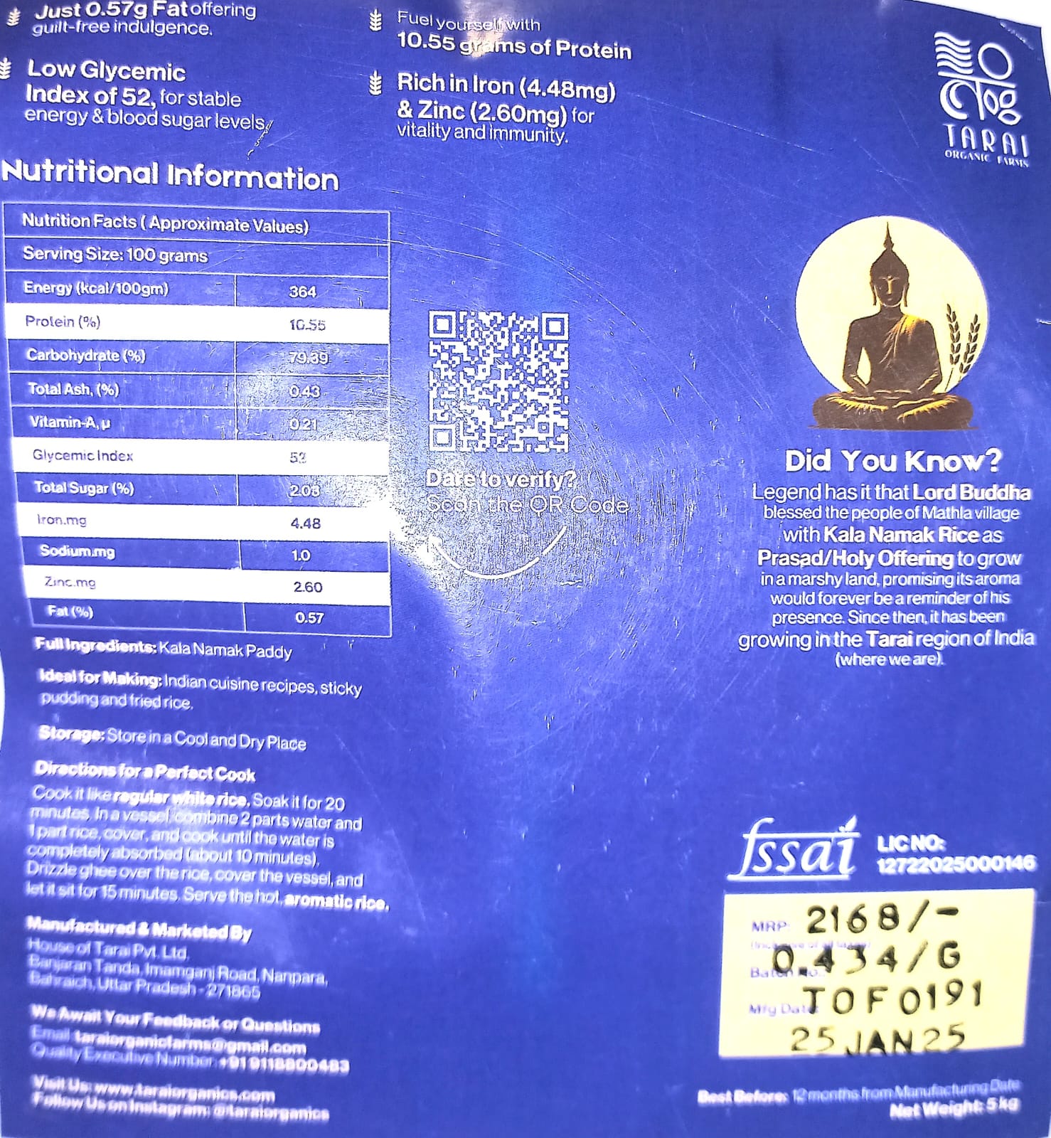 Rice | Kala Namak Rice – Made In Tarai – Aromatic – Natural Salty Taste – Diabetic Friendly, High In Protein, Antioxidants & Sugar Free – Tarai Organic Farms – 5000gm